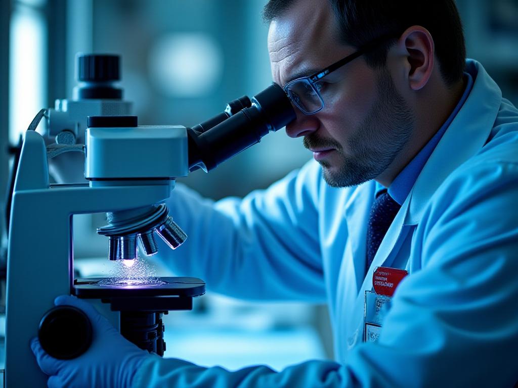 Chercheur examinant des fibres textiles aérospatiales au microscope